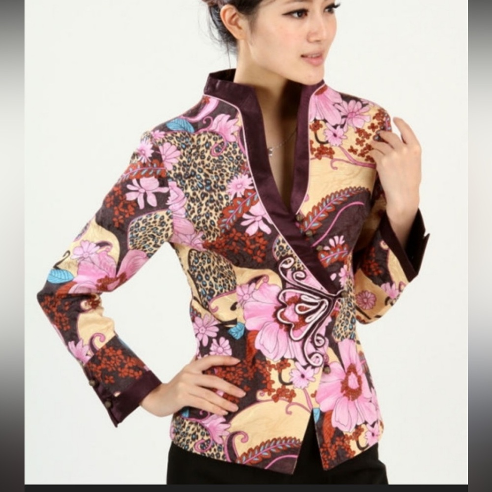 Asian-inspired jacket satin lining patchwork print floral leopard batik-inspired